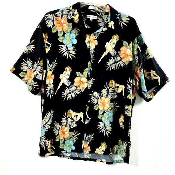 Pierre Cardin Hawaiian Shirt Mens XL Black Tropical Floral Sexy Lady Button Down - Picture 1 of 9